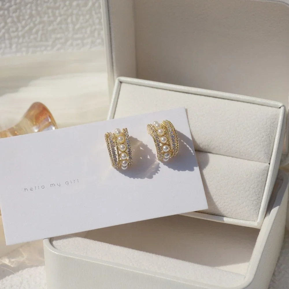NEW 14K Gold Plated Diamond Pearl Open Hoops - Picture 7 of 8